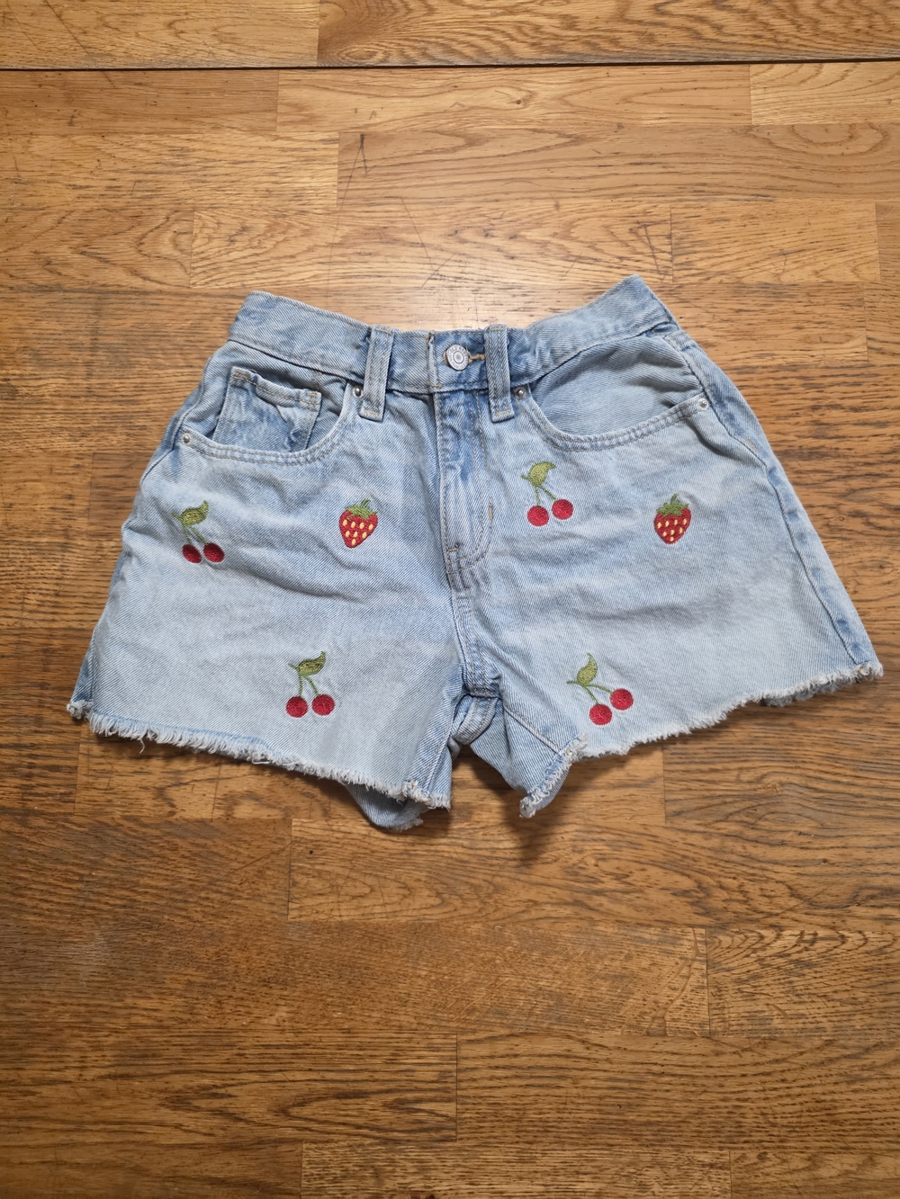 Old Navy Embroidered Cherries and Strawberries Blue Denim Shorts , size 14 youth